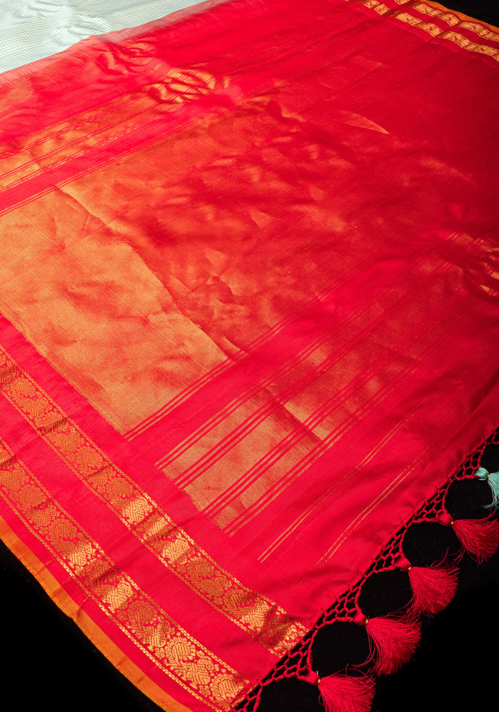 Charming Dual tone Gingham Checks Gadwal Pure Silk Saree in Mint Green and Red with Stack Zari Borders  | SILK MARK CERTIFIED