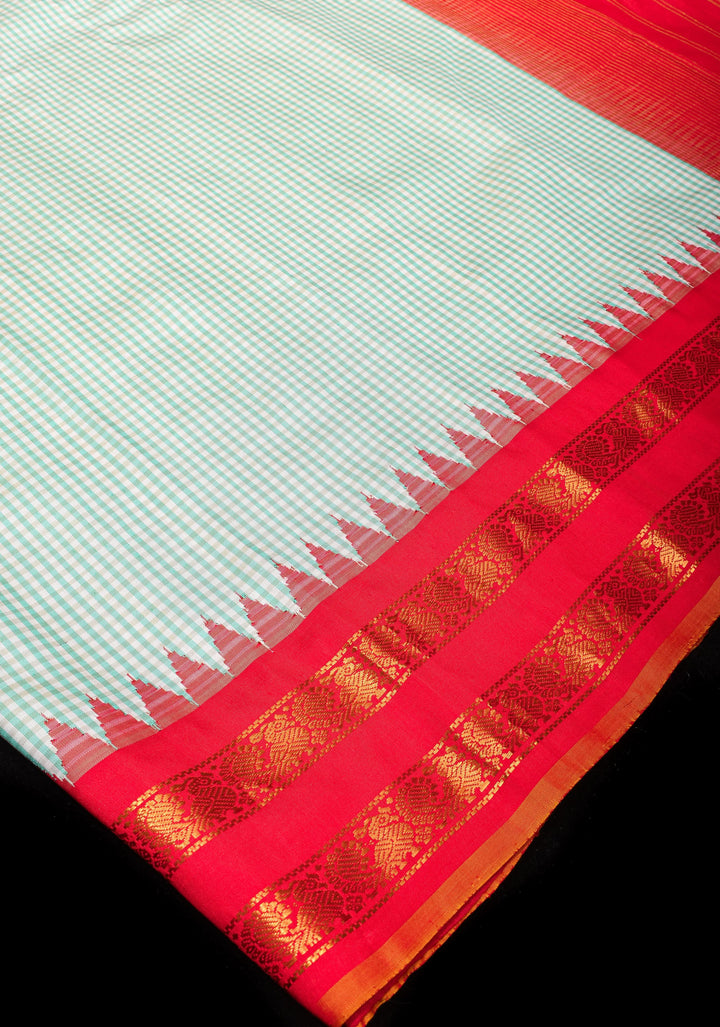 Charming Dual tone Gingham Checks Gadwal Pure Silk Saree in Mint Green and Red with Stack Zari Borders  | SILK MARK CERTIFIED