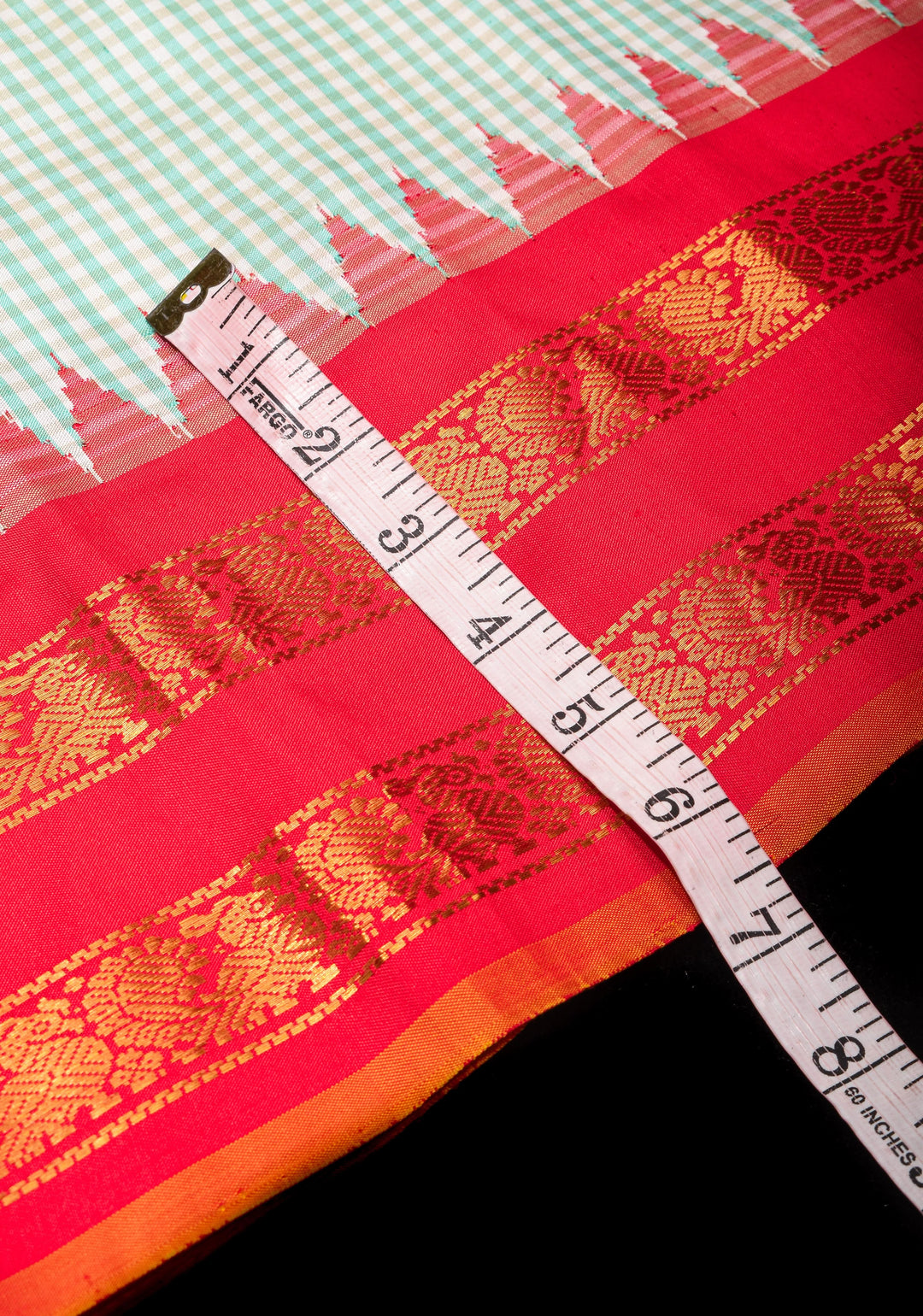 Charming Dual tone Gingham Checks Gadwal Pure Silk Saree in Mint Green and Red with Stack Zari Borders  | SILK MARK CERTIFIED