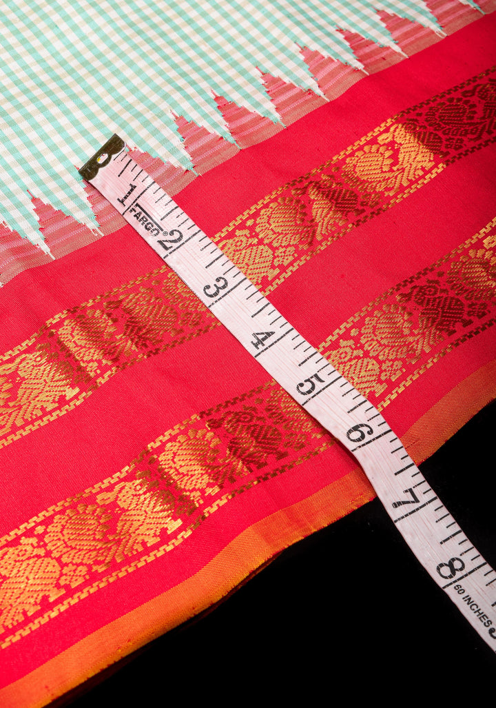 Charming Dual tone Gingham Checks Gadwal Pure Silk Saree in Mint Green and Red with Stack Zari Borders  | SILK MARK CERTIFIED