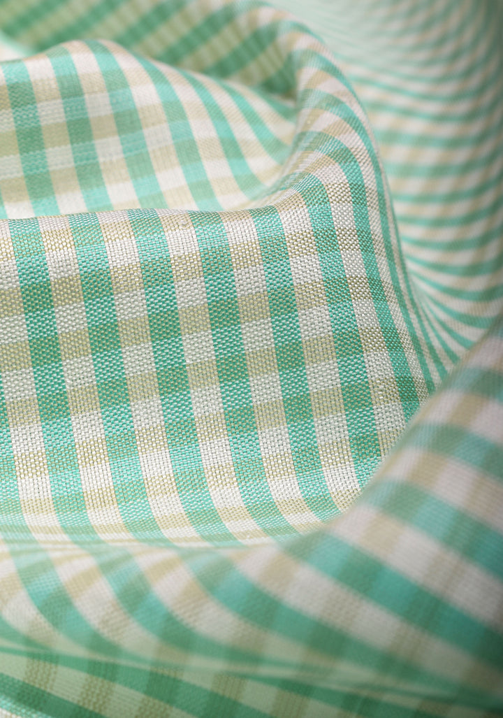 Charming Dual tone Gingham Checks Gadwal Pure Silk Saree in Mint Green and Red with Stack Zari Borders  | SILK MARK CERTIFIED