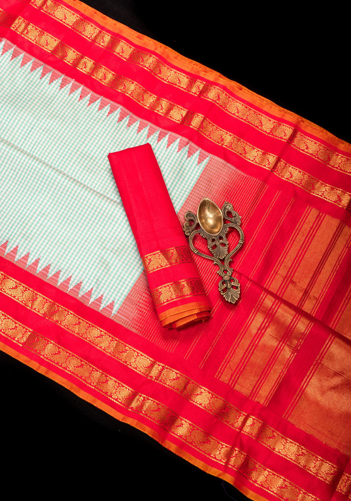 Charming Dual tone Gingham Checks Gadwal Pure Silk Saree in Mint Green and Red with Stack Zari Borders  | SILK MARK CERTIFIED