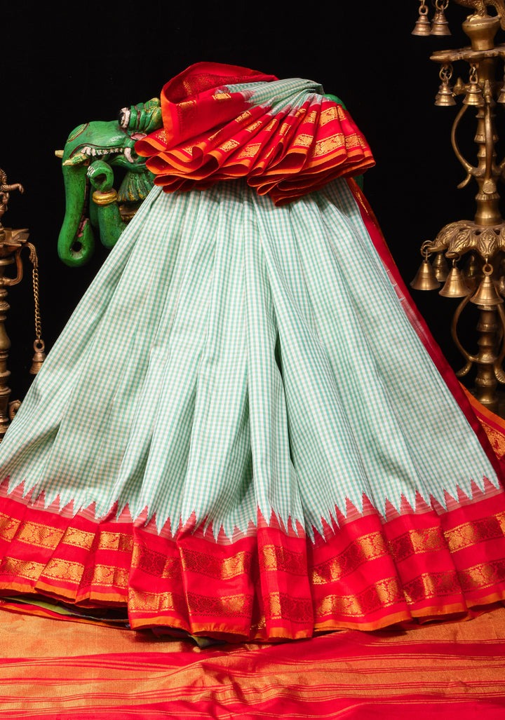 Charming Dual tone Gingham Checks Gadwal Pure Silk Saree in Mint Green and Red with Stack Zari Borders  | SILK MARK CERTIFIED