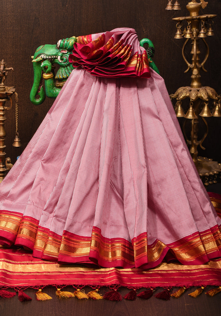 Charming Vintage Checks Gadwal Pure Silk Saree With contrast Red Border | SILK MARK CERTIFIED
