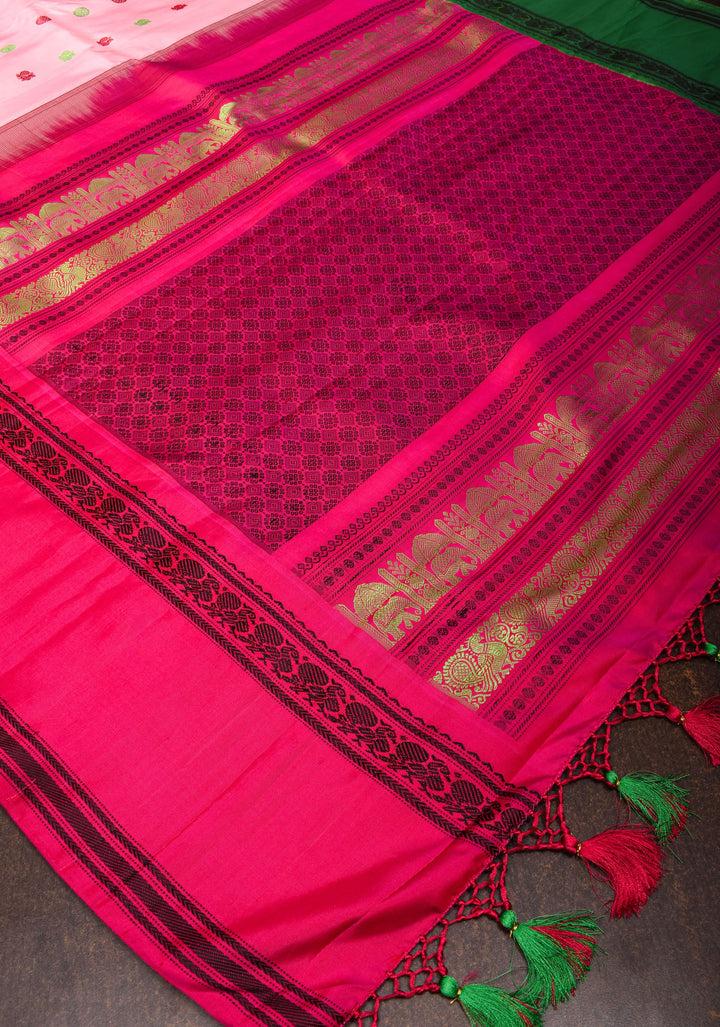 Lotus Pink Gadwal Pure Silk Saree with Buttas and Ganga Jamuna Borders | SILK MARK CERTIFIED