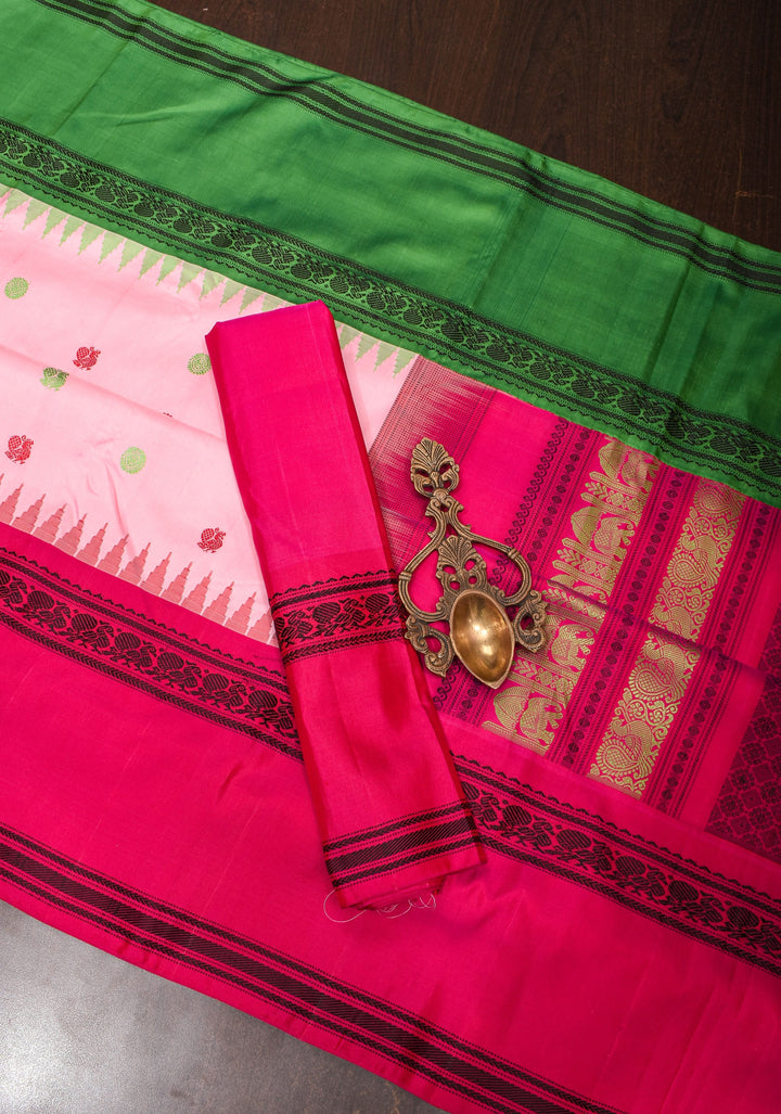 Lotus Pink Gadwal Pure Silk Saree with Buttas and Ganga Jamuna Borders | SILK MARK CERTIFIED