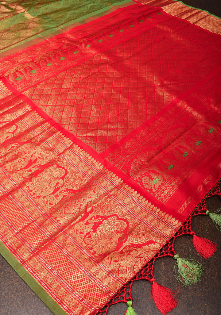 Green Dual Tone Gadwal Silk Saree with Brocade and Red Contrast Wide Border  | SILK MARK CERTIFIED