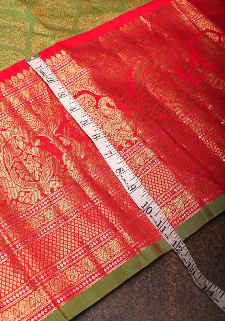 Green Dual Tone Gadwal Silk Saree with Brocade and Red Contrast Wide Border  | SILK MARK CERTIFIED