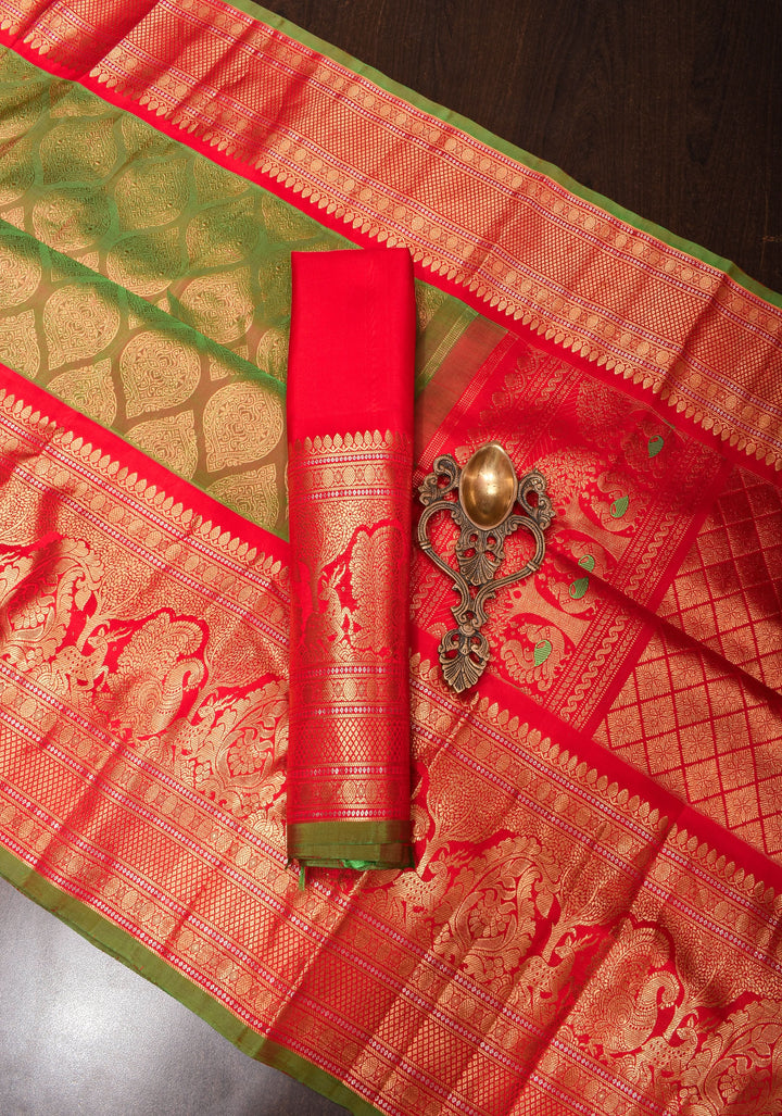 Green Dual Tone Gadwal Silk Saree with Brocade and Red Contrast Wide Border  | SILK MARK CERTIFIED