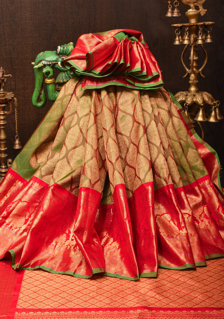 Green Dual Tone Gadwal Silk Saree with Brocade and Red Contrast Wide Border  | SILK MARK CERTIFIED