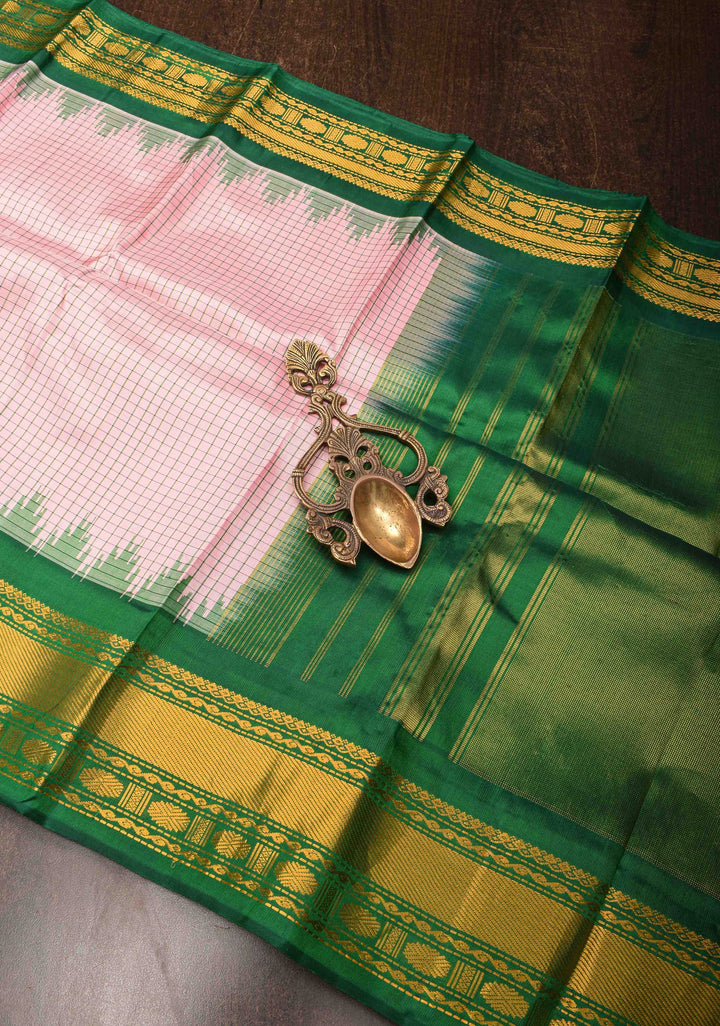 Baby Pink Gadwal silk Saree in Checks with Green Contrast Border  | SILK MARK CERTIFIED