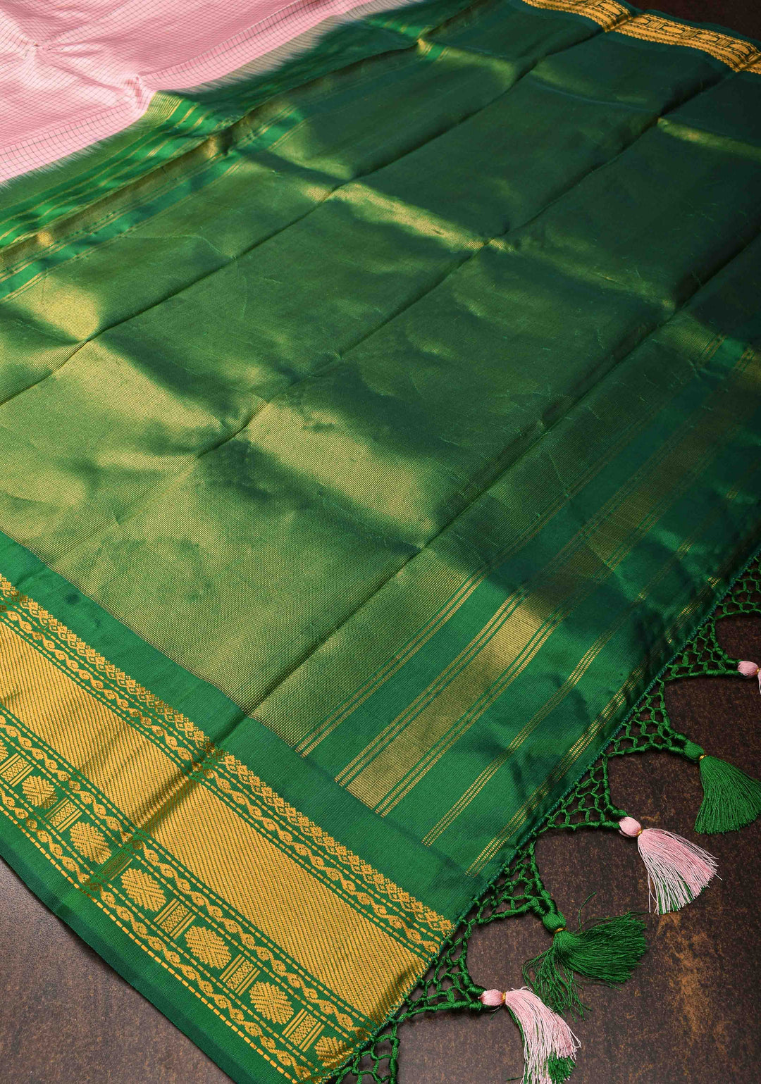 Baby Pink Gadwal silk Saree in Checks with Green Contrast Border  | SILK MARK CERTIFIED