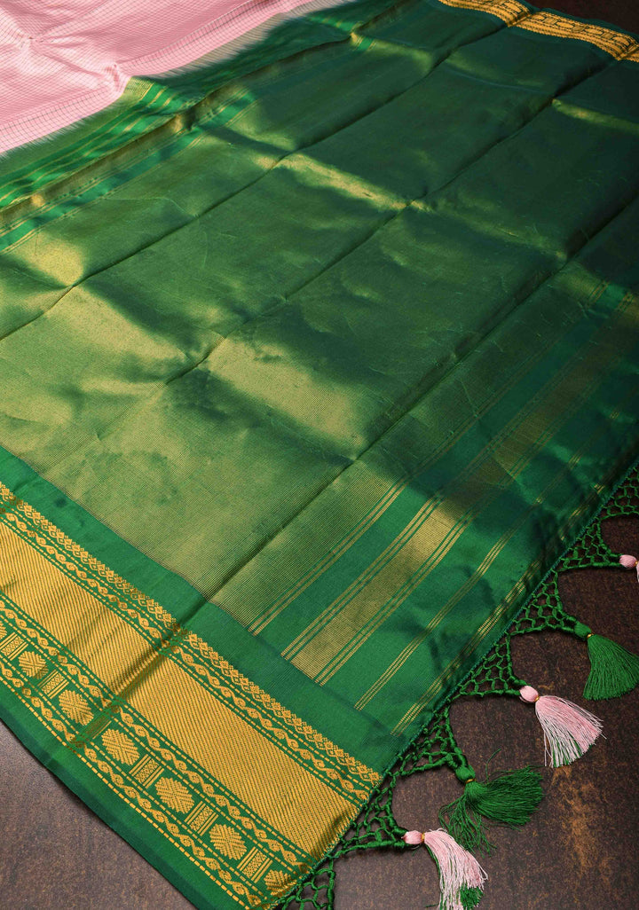 Baby Pink Gadwal silk Saree in Checks with Green Contrast Border  | SILK MARK CERTIFIED