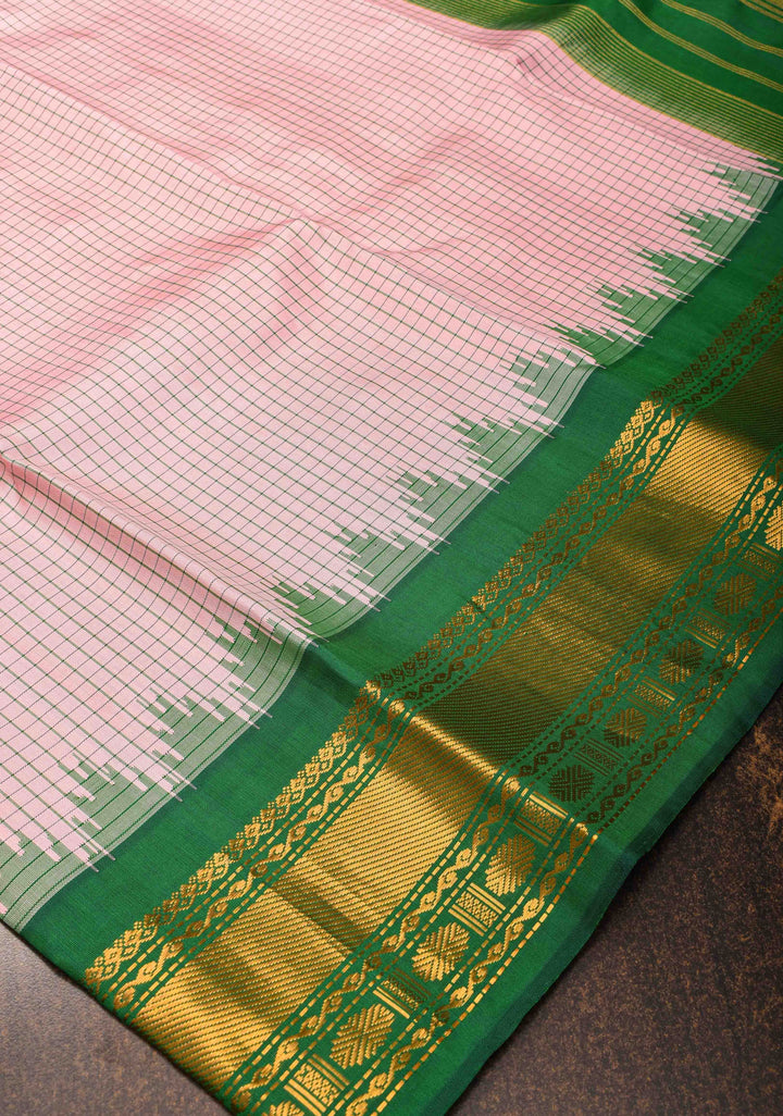 Baby Pink Gadwal silk Saree in Checks with Green Contrast Border  | SILK MARK CERTIFIED