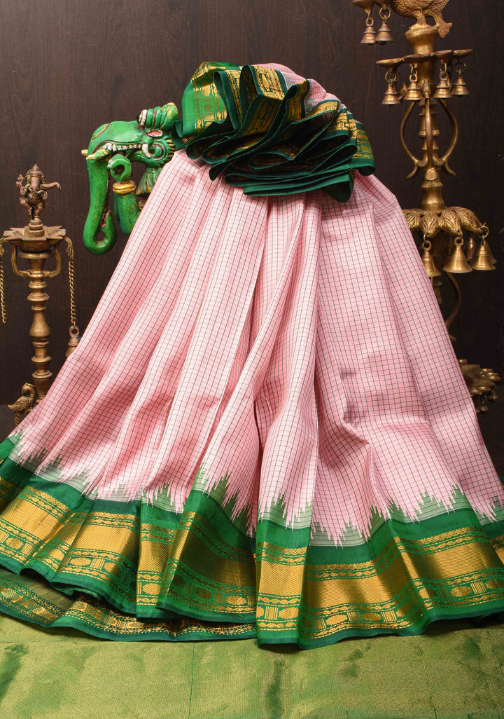 Baby Pink Gadwal silk Saree in Checks with Green Contrast Border  | SILK MARK CERTIFIED