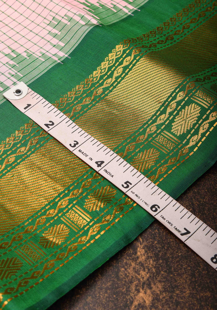 Baby Pink Gadwal silk Saree in Checks with Green Contrast Border  | SILK MARK CERTIFIED