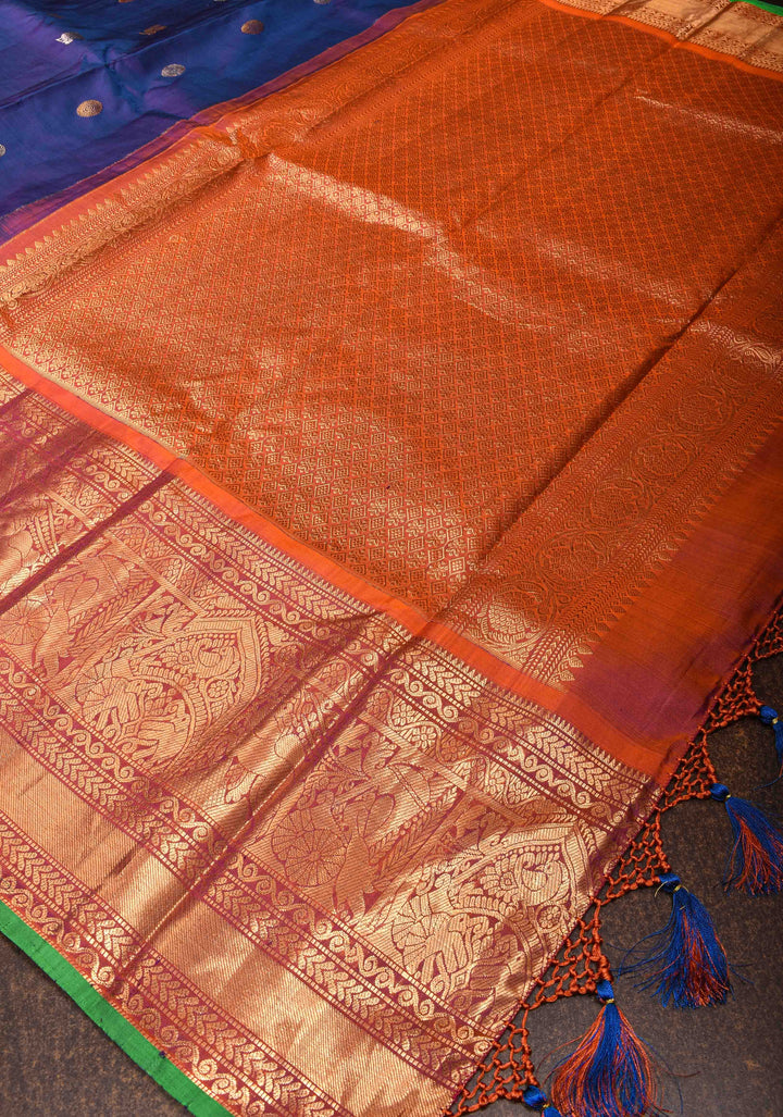 Blue Gadwal Silk Saree with Sona Rupa Zari Buttas and Wide Zari Contrast Border | SILK MARK CERTIFIED