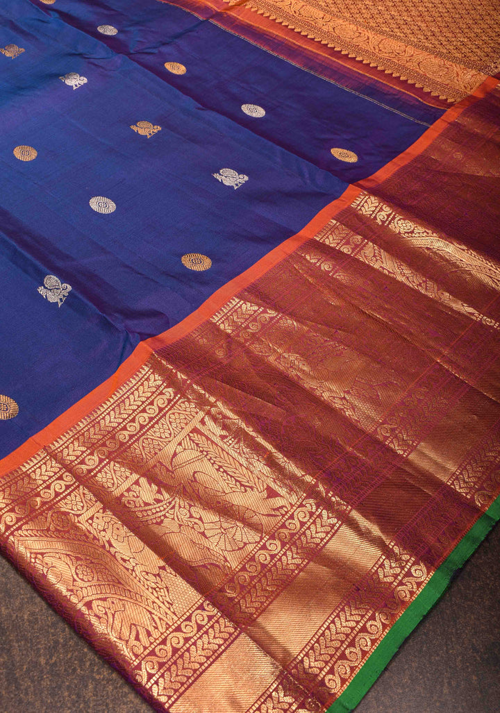 Blue Gadwal Silk Saree with Sona Rupa Zari Buttas and Wide Zari Contrast Border | SILK MARK CERTIFIED