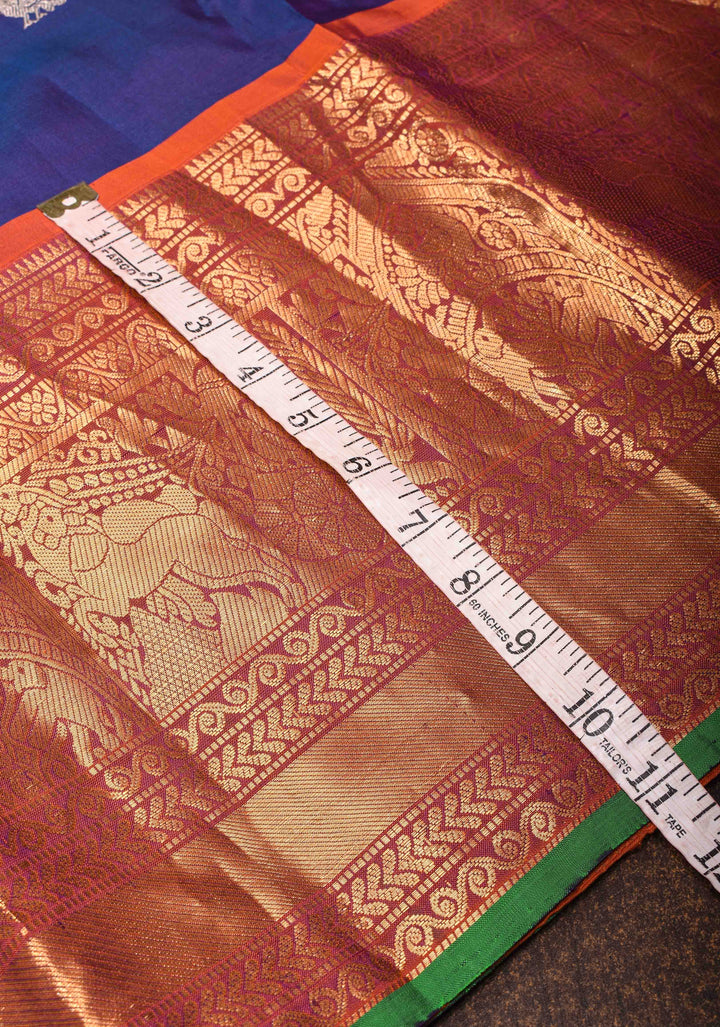 Blue Gadwal Silk Saree with Sona Rupa Zari Buttas and Wide Zari Contrast Border | SILK MARK CERTIFIED