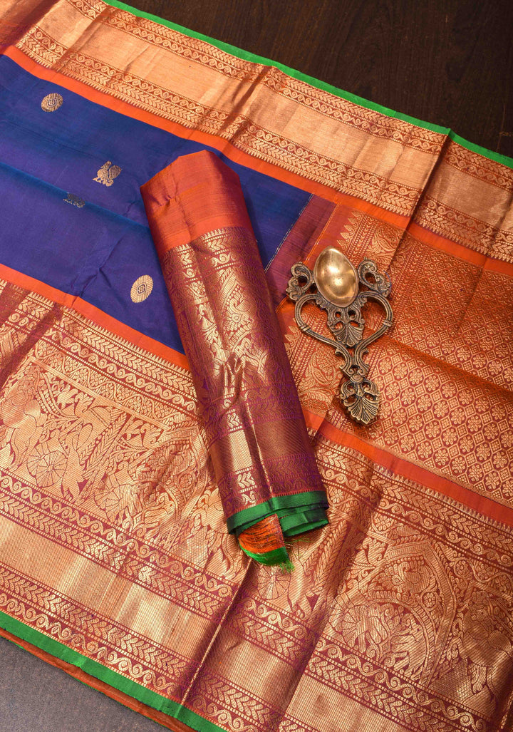 Blue Gadwal Silk Saree with Sona Rupa Zari Buttas and Wide Zari Contrast Border | SILK MARK CERTIFIED