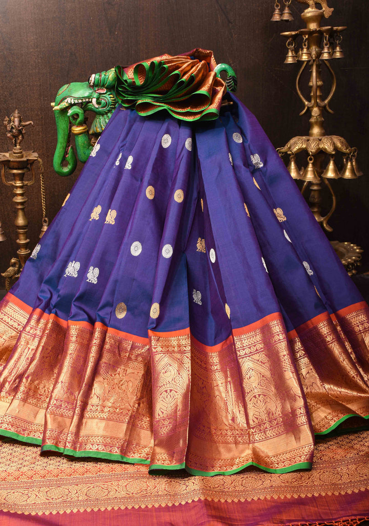 Blue Gadwal Silk Saree with Sona Rupa Zari Buttas and Wide Zari Contrast Border | SILK MARK CERTIFIED