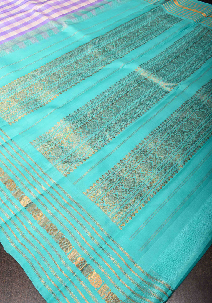 Lilac Gadwal Silk Saree with Classic Checks and Aqua Contrast Border | SILK MARK CERTIFIED