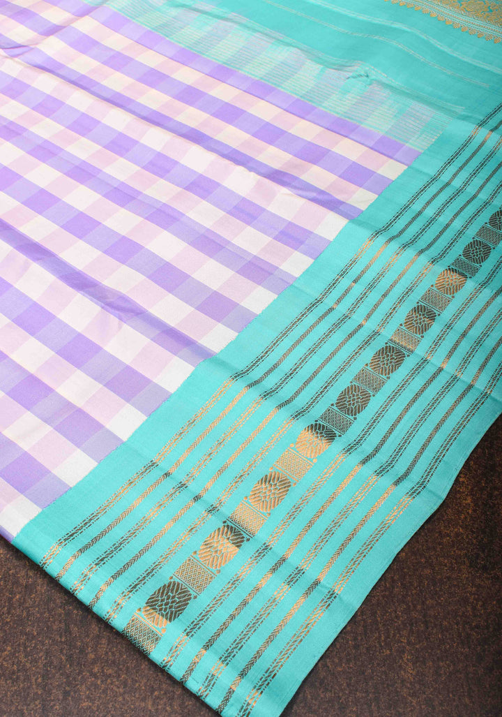 Lilac Gadwal Silk Saree with Classic Checks and Aqua Contrast Border | SILK MARK CERTIFIED