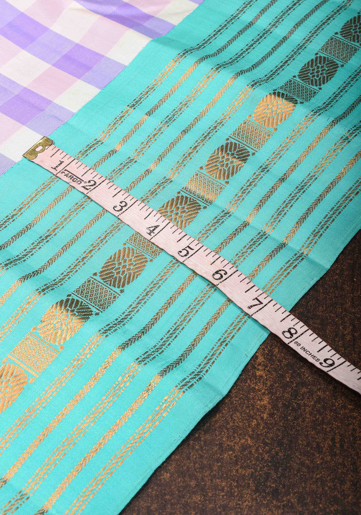 Lilac Gadwal Silk Saree with Classic Checks and Aqua Contrast Border | SILK MARK CERTIFIED