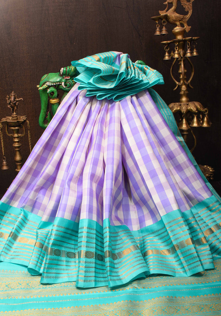 Lilac Gadwal Silk Saree with Classic Checks and Aqua Contrast Border | SILK MARK CERTIFIED