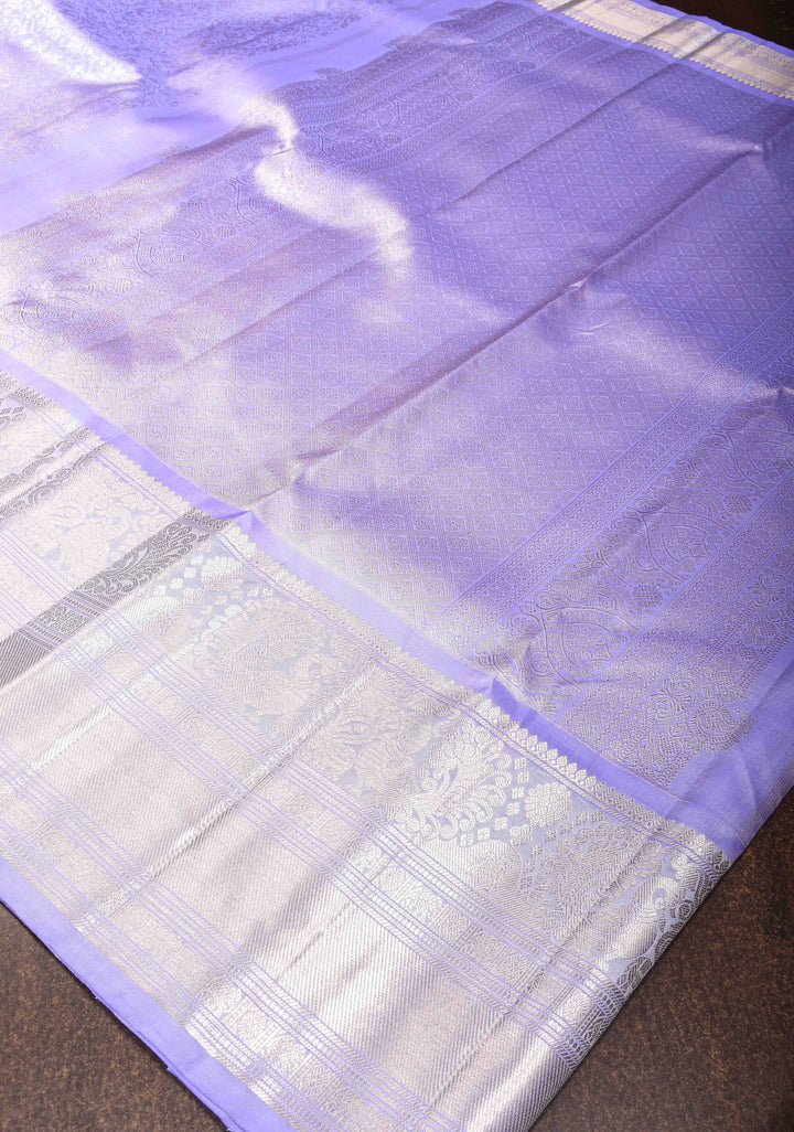 Periwinkle Gadwal Birds And Floral Jaal Brocade Pure Silk Saree with Zari Border | SILK MARK CERTIFIED