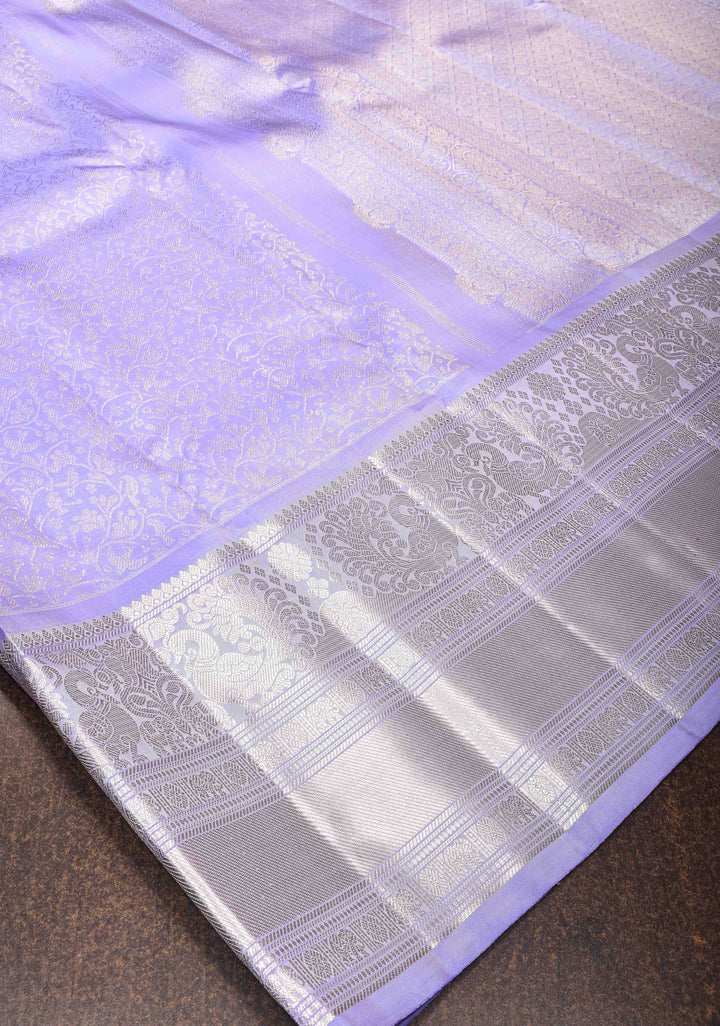 Periwinkle Gadwal Birds And Floral Jaal Brocade Pure Silk Saree with Zari Border | SILK MARK CERTIFIED
