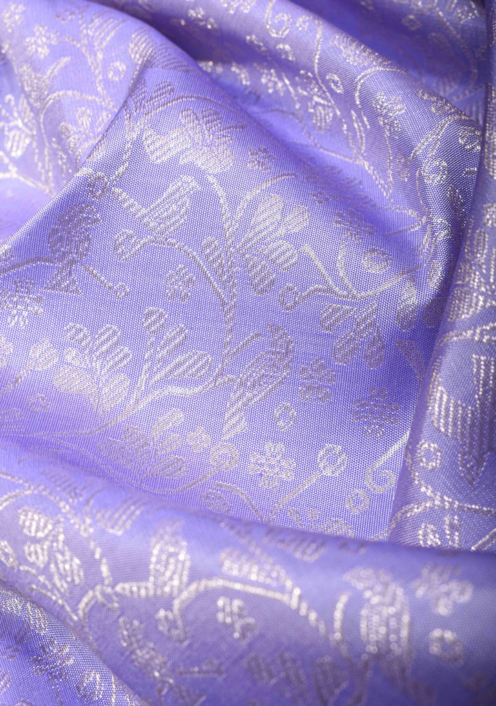 Periwinkle Gadwal Birds And Floral Jaal Brocade Pure Silk Saree with Zari Border | SILK MARK CERTIFIED