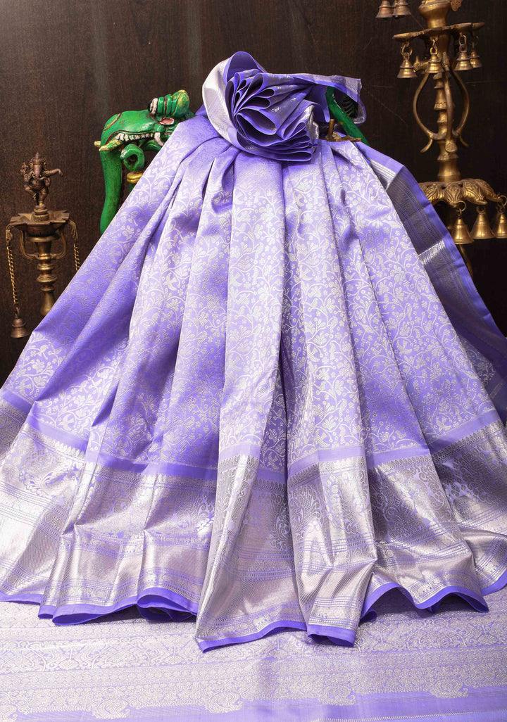 Periwinkle Gadwal Birds And Floral Jaal Brocade Pure Silk Saree with Zari Border | SILK MARK CERTIFIED