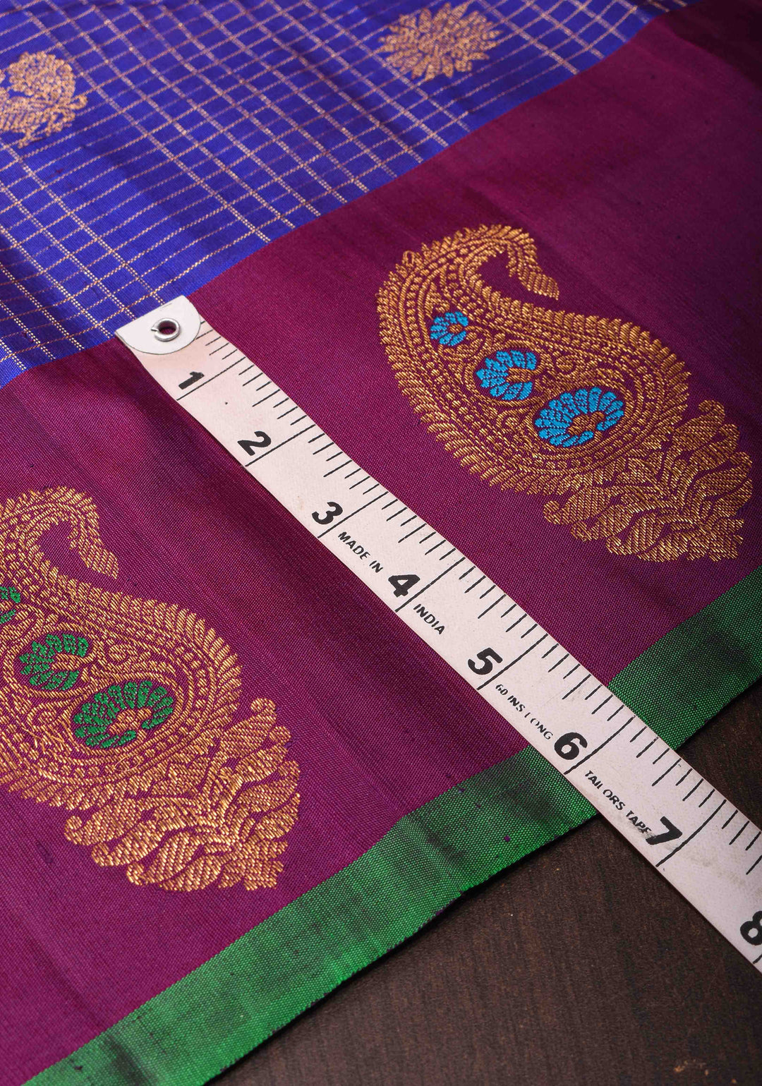 Blue Zari Checks Gadwal Silk saree with Sona Rupa Buttas and Distinct Meenakari Paisley Motifs on Border | SILK MARK CERTIFIED