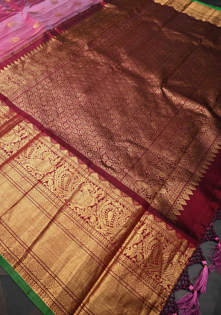 Onion Pink Gadwal Silk Saree with Zari Buttas and Wide Contrast Zari Border | SILK MARK CERTIFIED