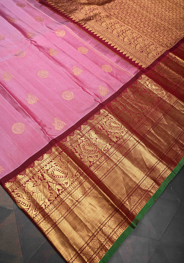 Onion Pink Gadwal Silk Saree with Zari Buttas and Wide Contrast Zari Border | SILK MARK CERTIFIED