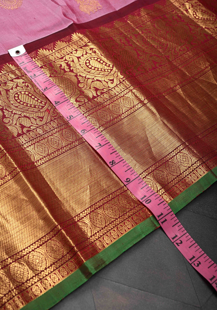 Onion Pink Gadwal Silk Saree with Zari Buttas and Wide Contrast Zari Border | SILK MARK CERTIFIED