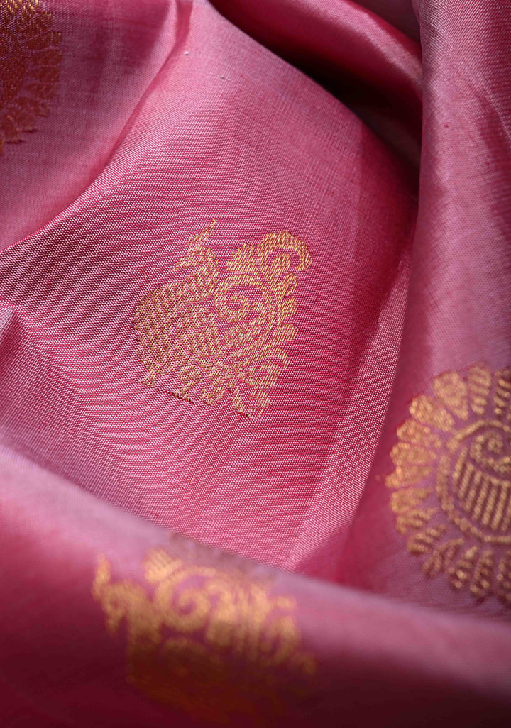 Onion Pink Gadwal Silk Saree with Zari Buttas and Wide Contrast Zari Border | SILK MARK CERTIFIED
