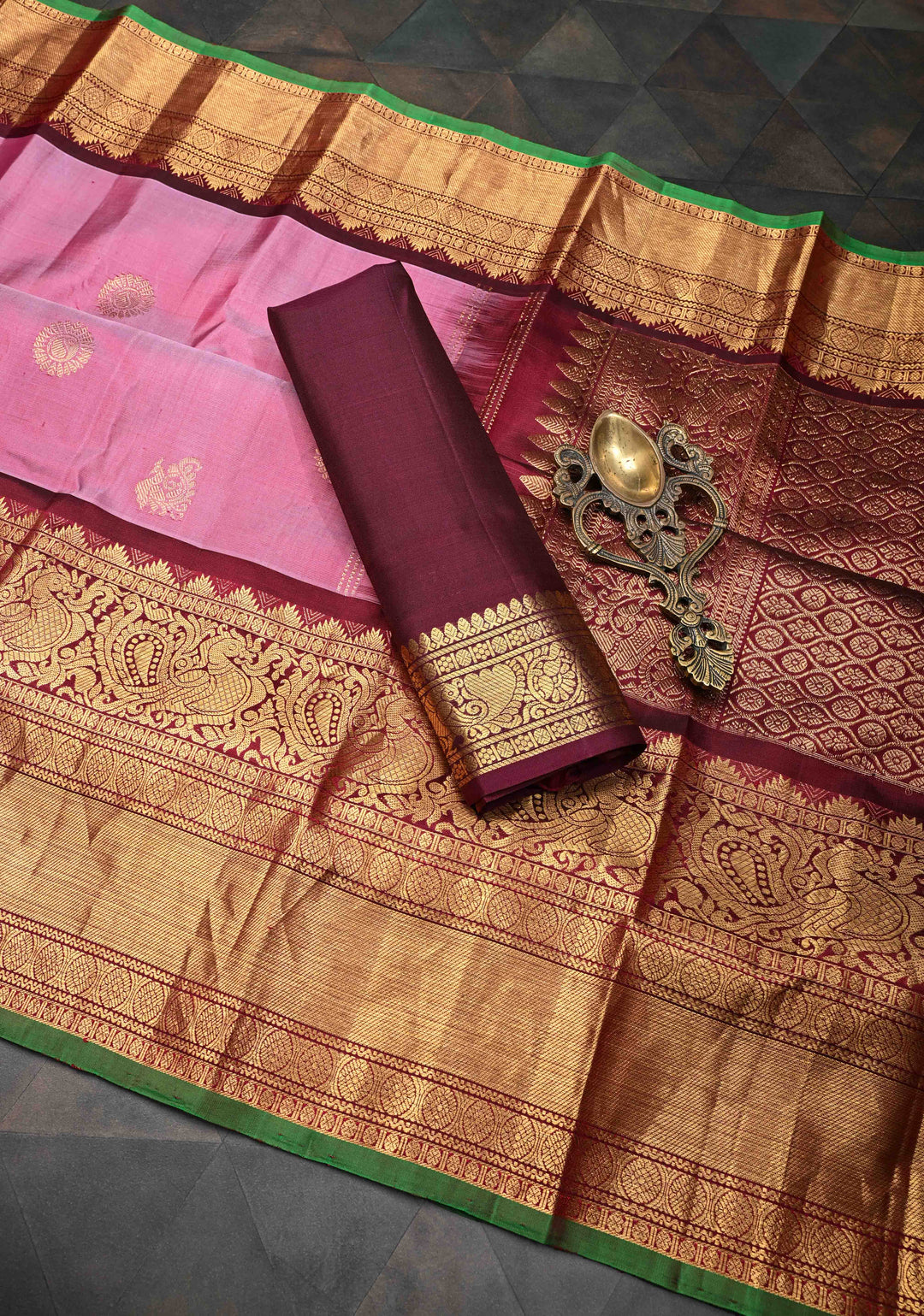 Onion Pink Gadwal Silk Saree with Zari Buttas and Wide Contrast Zari Border | SILK MARK CERTIFIED