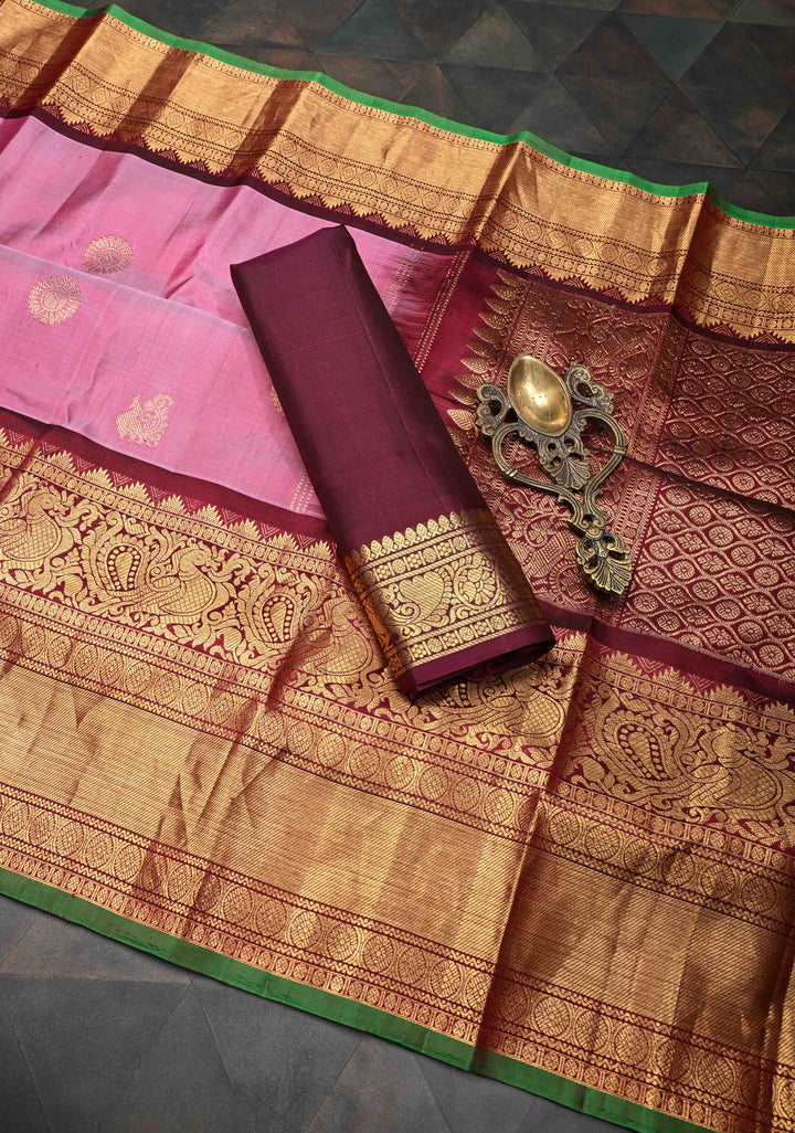Onion Pink Gadwal Silk Saree with Zari Buttas and Wide Contrast Zari Border | SILK MARK CERTIFIED