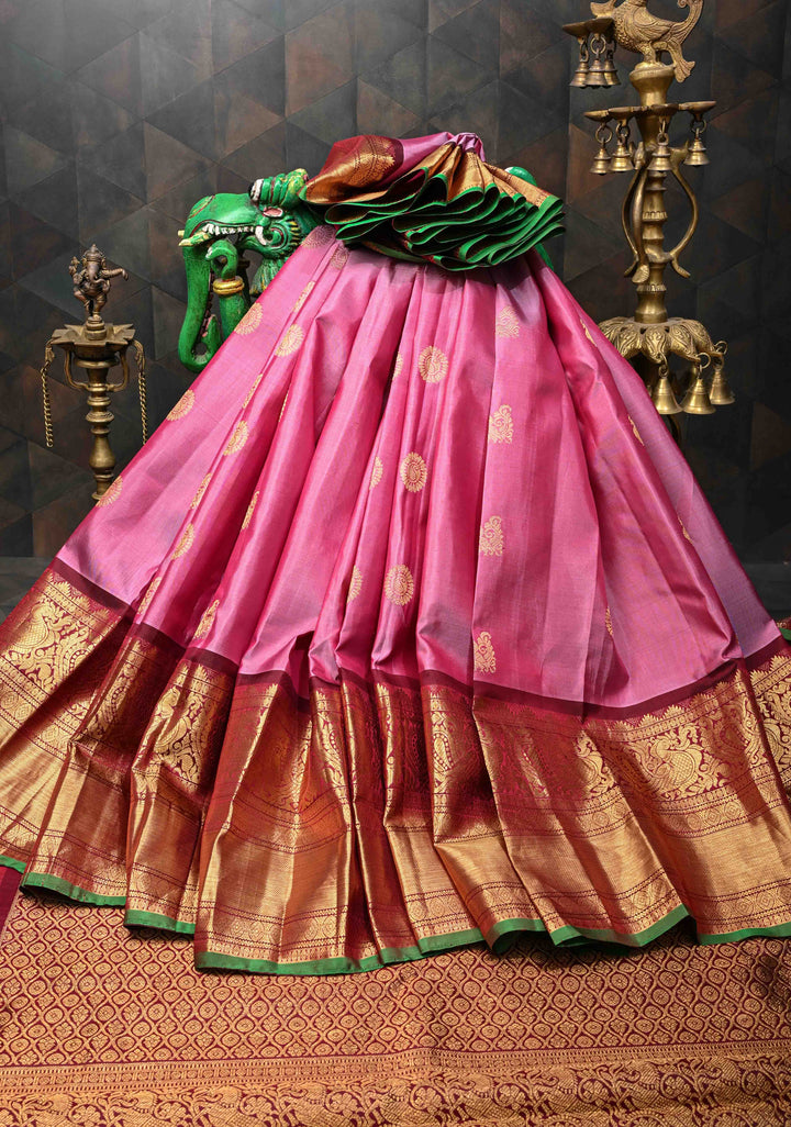 Onion Pink Gadwal Silk Saree with Zari Buttas and Wide Contrast Zari Border | SILK MARK CERTIFIED