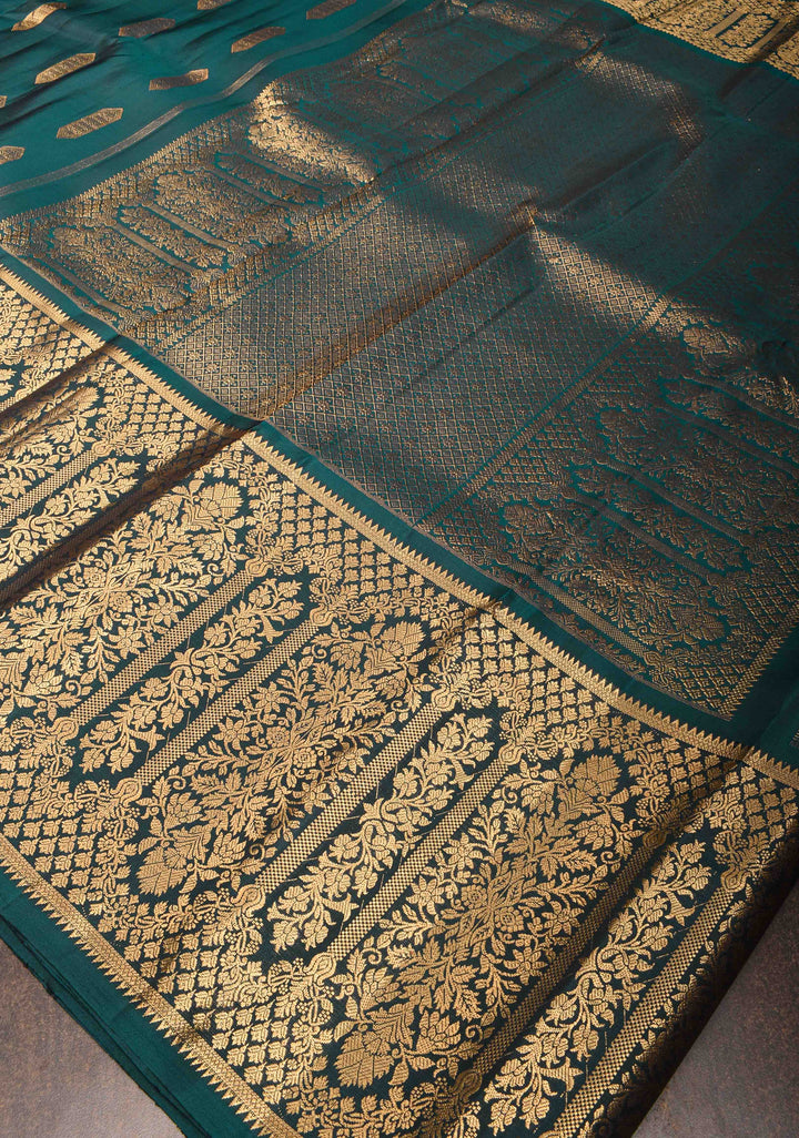Stunning Dark Teal Pure handwoven Gadwal Silk Saree with Grand Pallu and Ornate Arches Zari Border | SILK MARK CERTIFIED