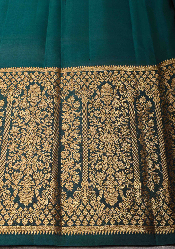 Stunning Dark Teal Pure handwoven Gadwal Silk Saree with Grand Pallu and Ornate Arches Zari Border | SILK MARK CERTIFIED