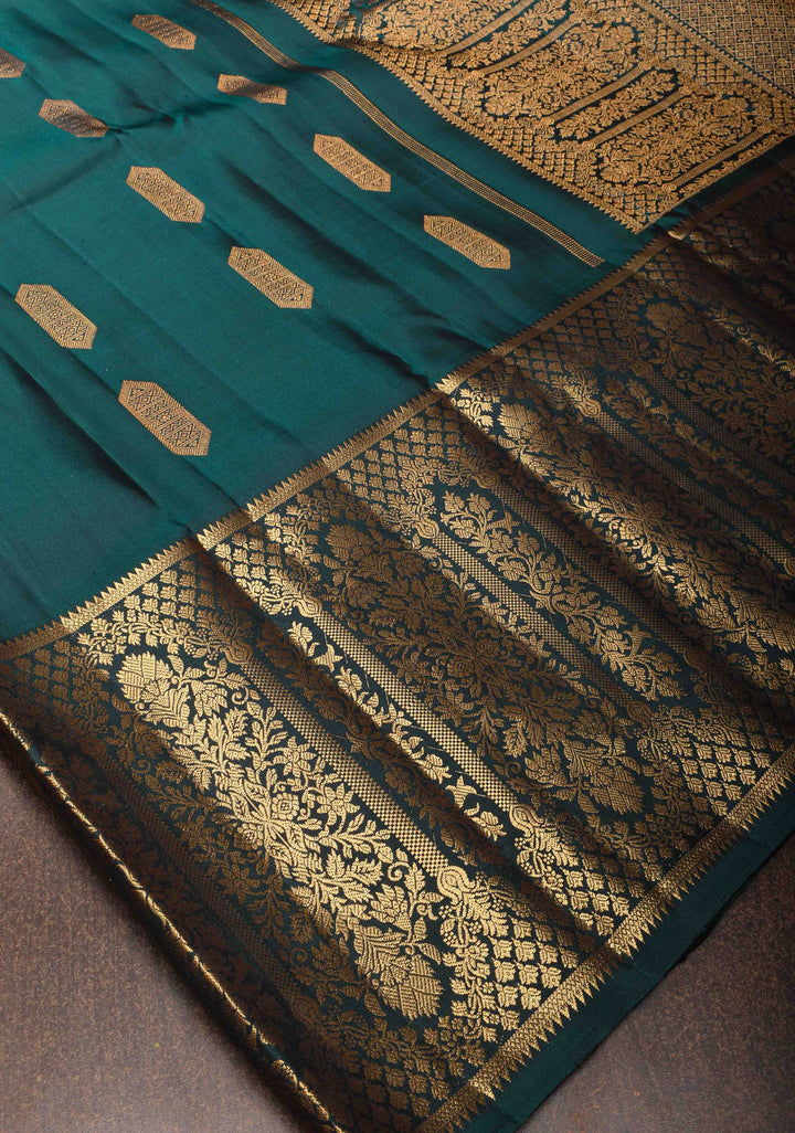 Stunning Dark Teal Pure handwoven Gadwal Silk Saree with Grand Pallu and Ornate Arches Zari Border | SILK MARK CERTIFIED