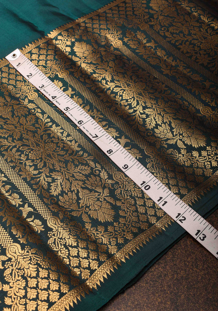 Stunning Dark Teal Pure handwoven Gadwal Silk Saree with Grand Pallu and Ornate Arches Zari Border | SILK MARK CERTIFIED