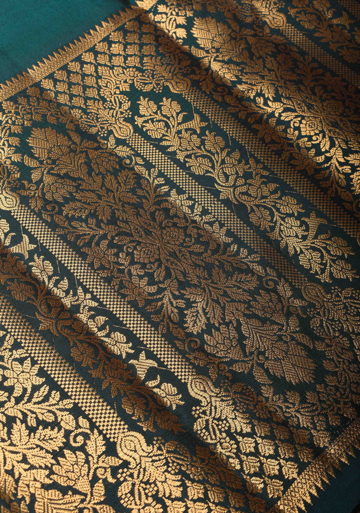 Stunning Dark Teal Pure handwoven Gadwal Silk Saree with Grand Pallu and Ornate Arches Zari Border | SILK MARK CERTIFIED