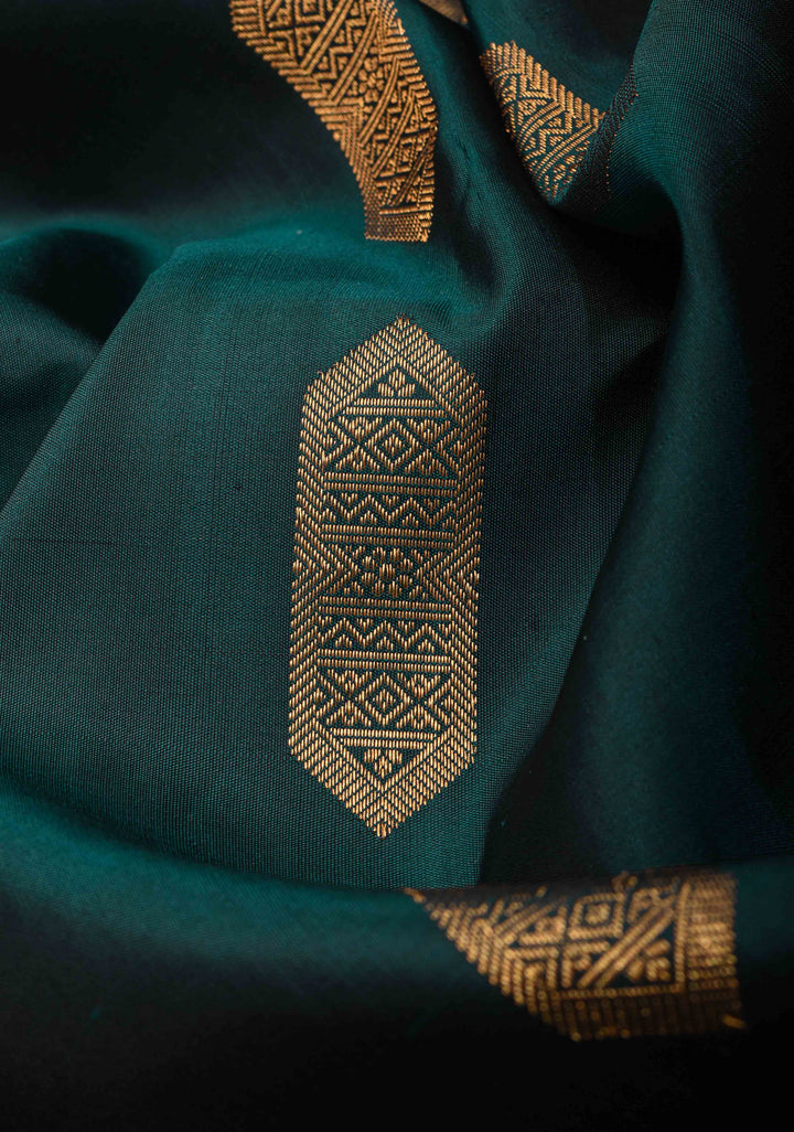 Stunning Dark Teal Pure handwoven Gadwal Silk Saree with Grand Pallu and Ornate Arches Zari Border | SILK MARK CERTIFIED