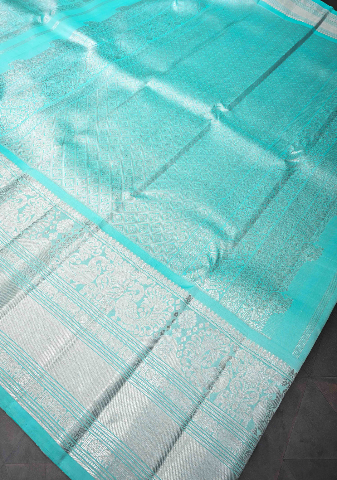 Cyan Brocade Gadwal Silk saree with Patola designs and wide zari border | SILK MARK CERTIFIED