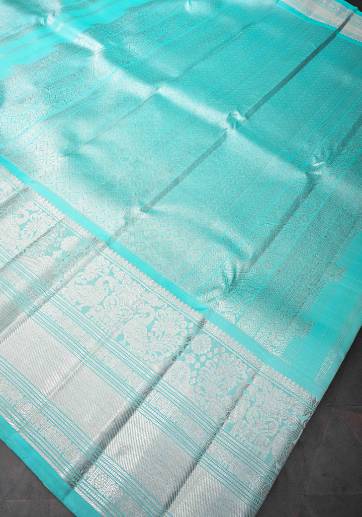 Cyan Brocade Gadwal Silk saree with Patola designs and wide zari border | SILK MARK CERTIFIED