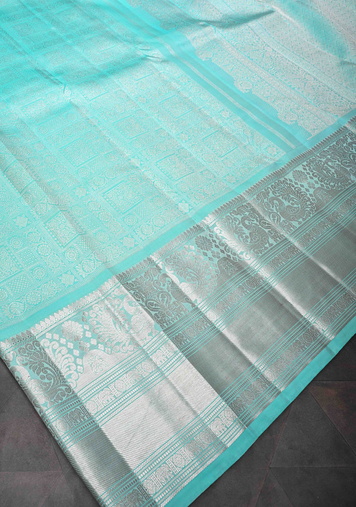 Cyan Brocade Gadwal Silk saree with Patola designs and wide zari border | SILK MARK CERTIFIED